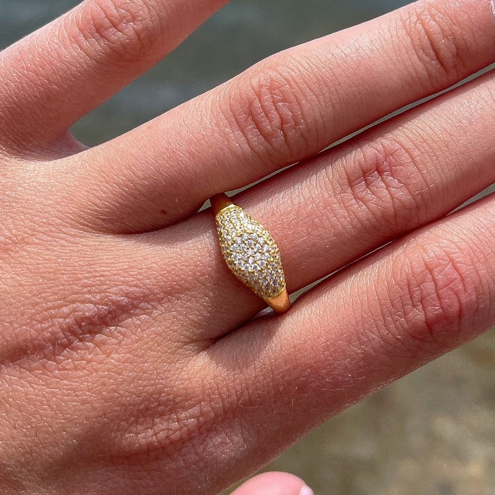 Gold Vermeil Crystal Zirconia Signet Ring, Dainty Round Trendy Ring, Gift